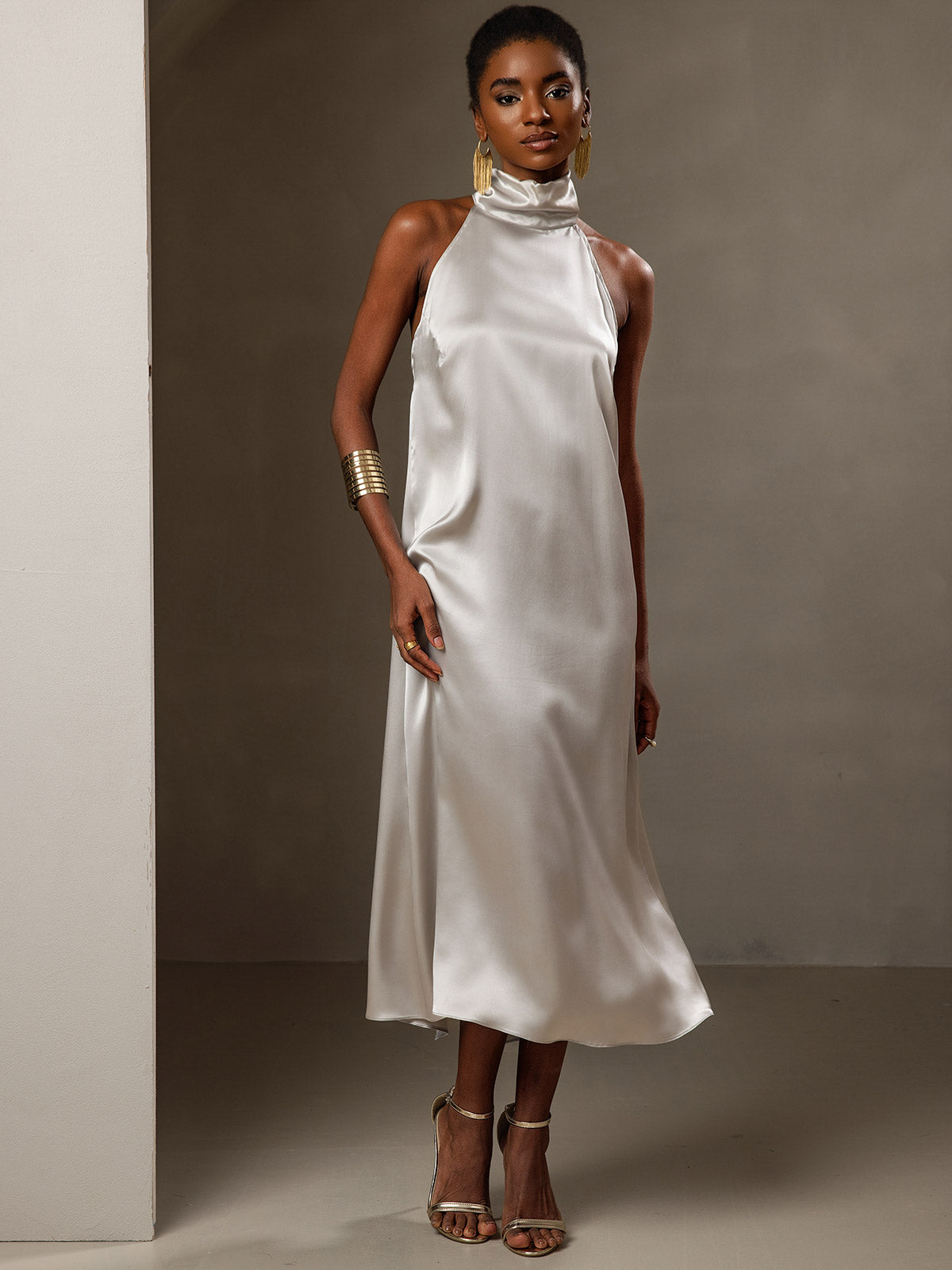 [Hellgrau] SilkSilky-DE 19Momme Seide Ärmellos Hochgeschlossener Ausschnitt Kleider 006