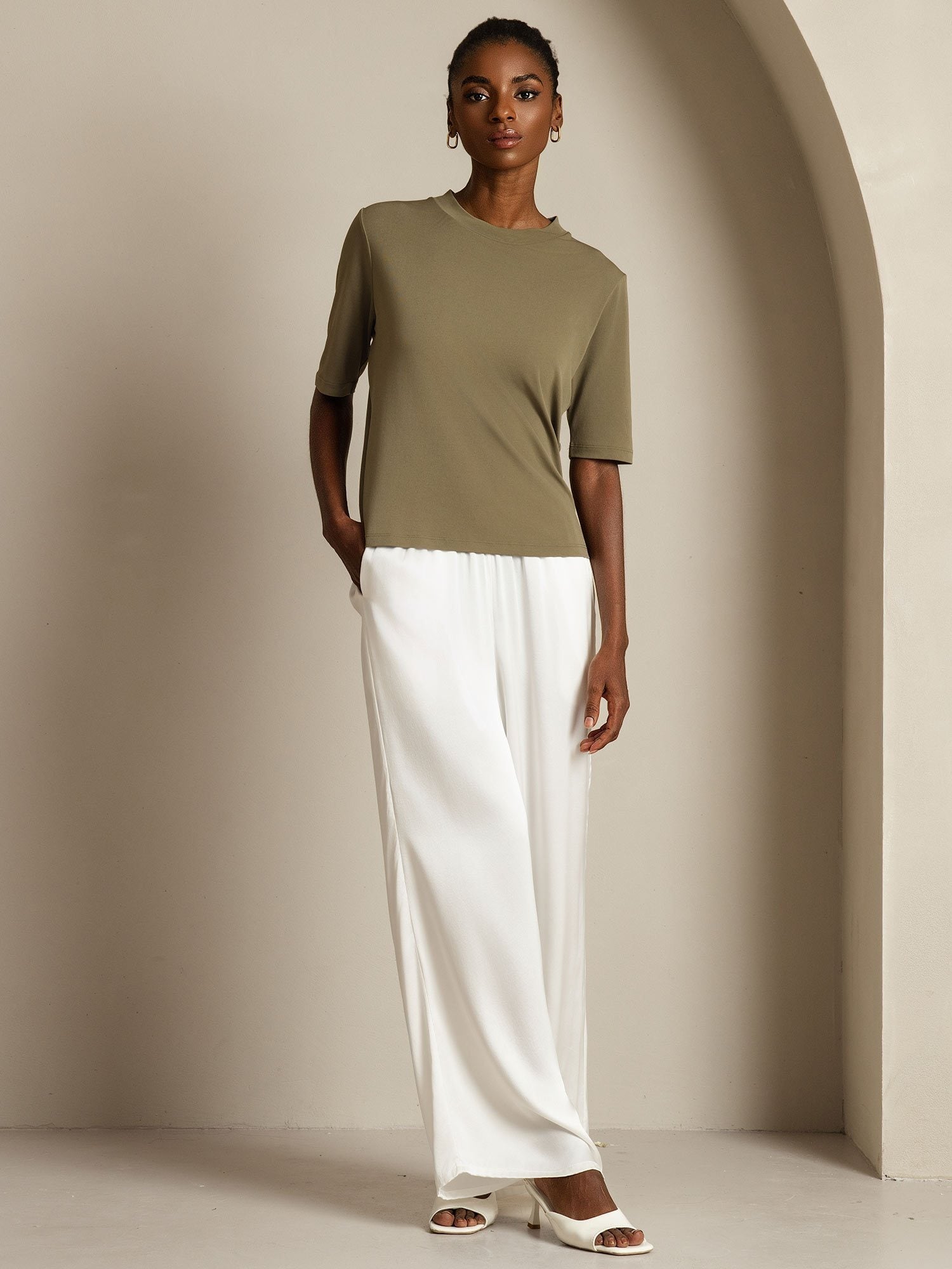 [Verbranntes Oliv] SilkSilky-DE Reine Seide Womens T-Shirt 006