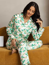 [Grün Blumen] SilkSilky-DE Reine Seide Womens Pajamas 006,