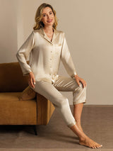 [Champagner] SilkSilky-DE Long Sleeve Notch-Kragen Damen Pyjamas 006