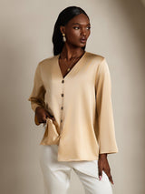 [Champagner] SilkSilky-DE 19Momme Langärmelig V Ausschnitt Bluse 004