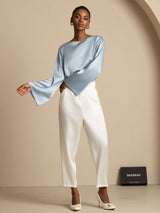 [Graublau] SilkSilky-DE Long Sleeve Boat Neck Bluse 009