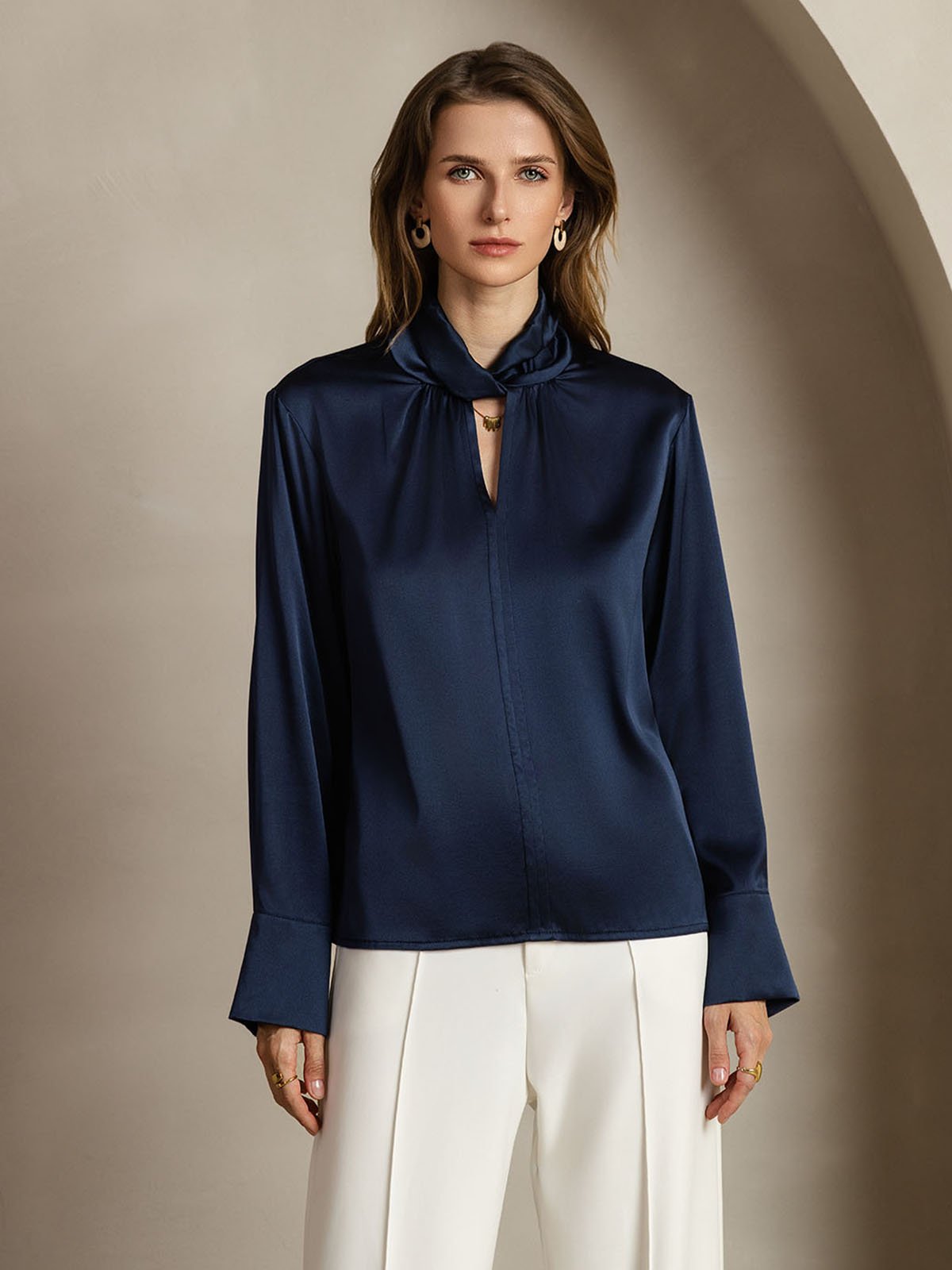 [Dunkelblau] SilkSilky-DE 19Momme Seide Womens Shirt 001