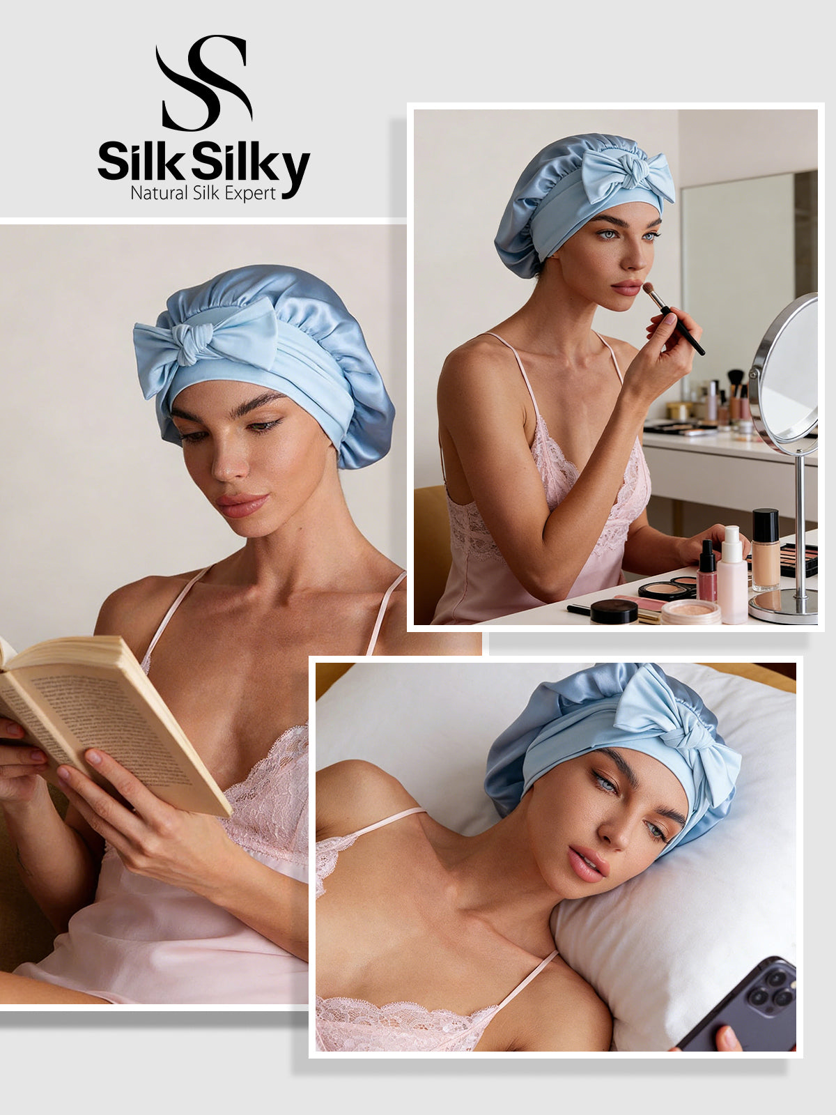 [Himmelblau] SilkSilky-DE Reine Seide Sleep Cap 005