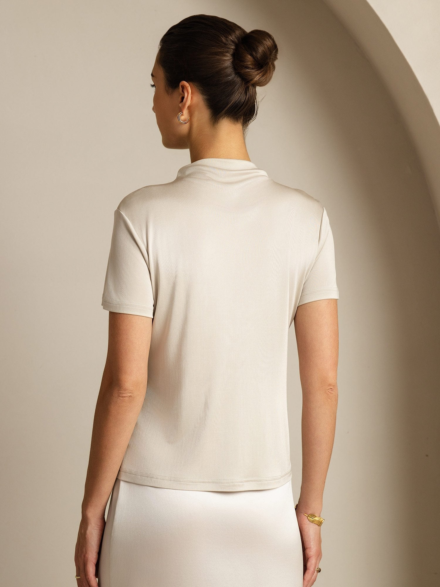 [Grau] SilkSilky-DE Reine Seide Umlegekragen T-Shirt 002