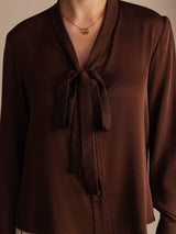 [Dunkle Schokolade] SilkSilky-DE Long Sleeve Tie Neck Damenblusen 004