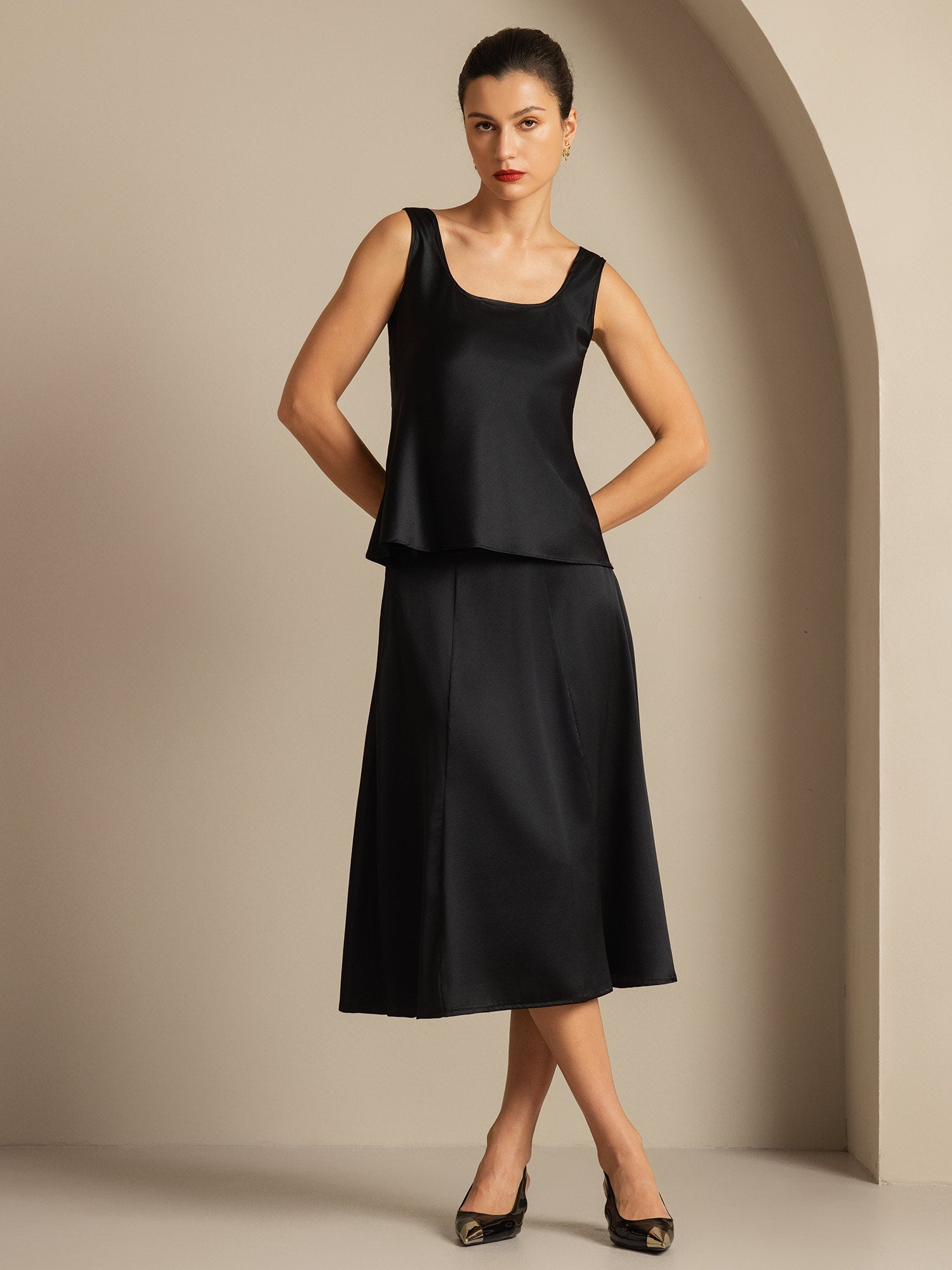 [Schwarz] SilkSilky-DE 19Momme Seide U Ausschnitt Cami Top 005,