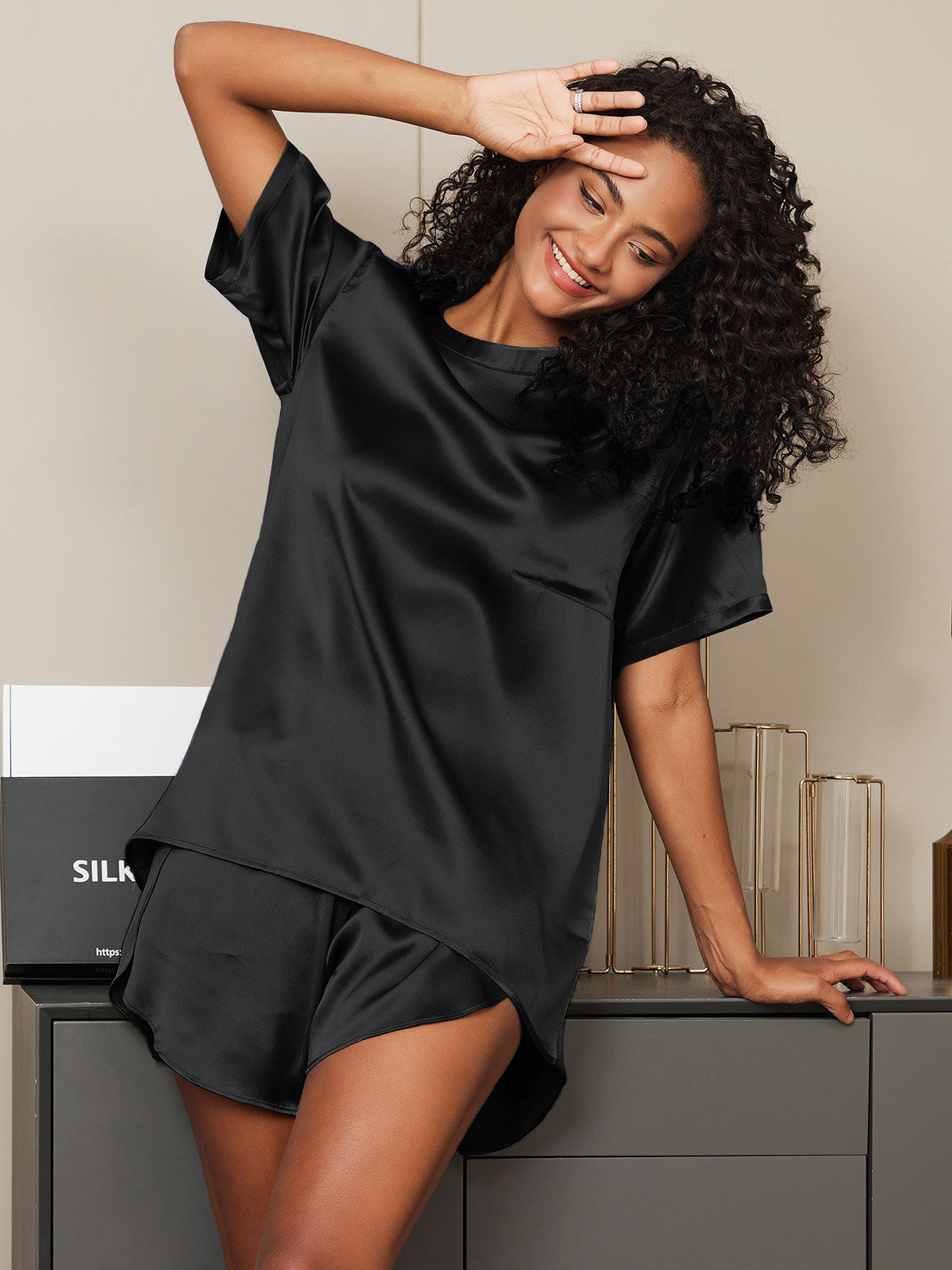 [Schwarz] SilkSilky-DE Reine Seide Womens Pajamas 001