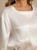 [Weiß] SilkSilky-DE Kurzärmelig Rundhalsausschnitt Damen Pyjamas 005