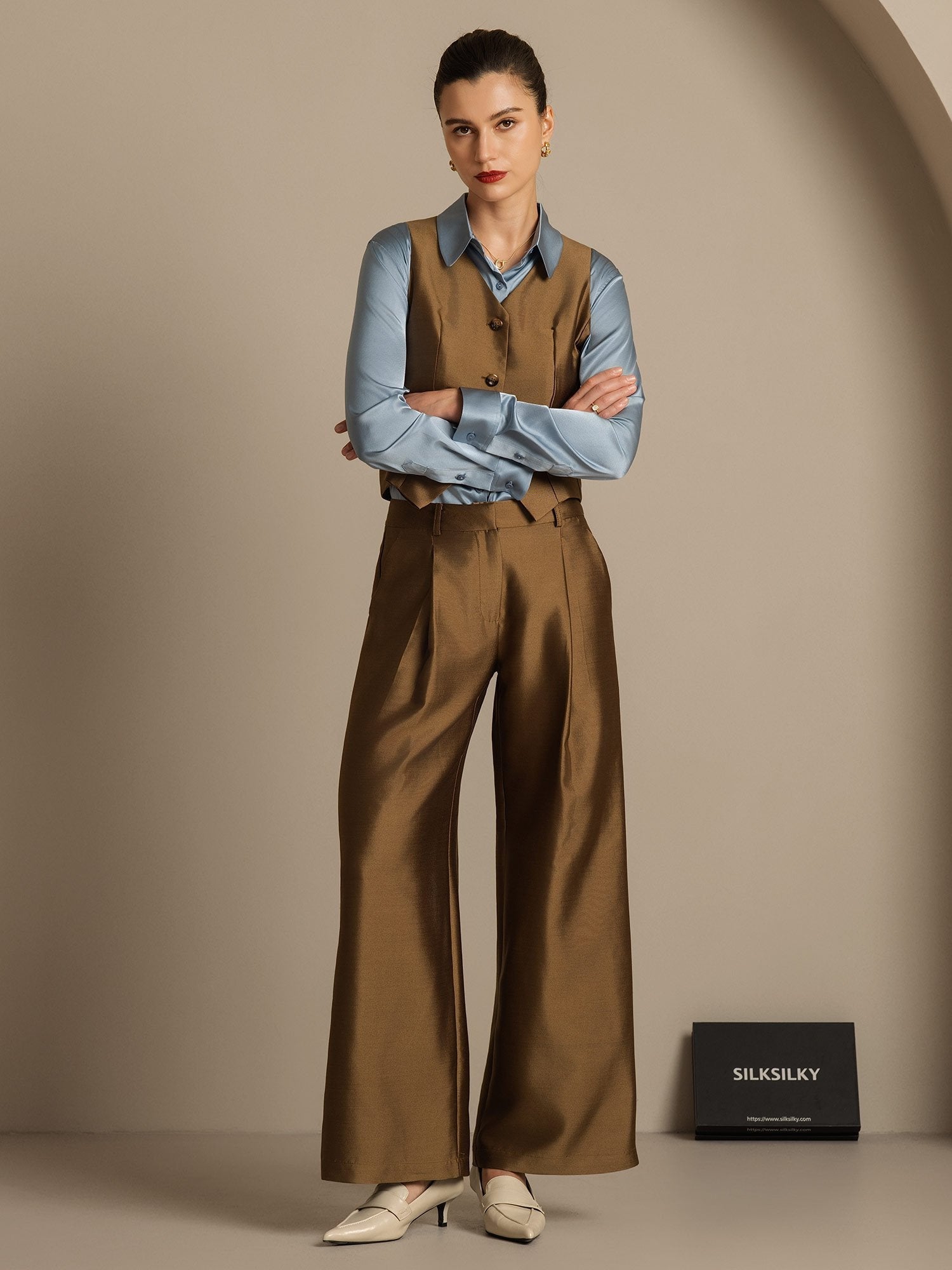 [Bronze] SilkSilky-DE 32Momme Silk-Wool Blend Womens Pants 006,