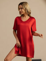 [Rotwein] SilkSilky-DE Half Sleeve V Neck Nachthemden 004