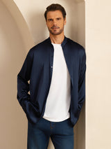 [Dunkelblau] SilkSilky-DE Long Sleeve Stand Collar Herrenhemd 003