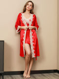 SilkSilky DE Reine Seide 3/4 lange Ärmel Nightgown&Robe Set Rot 002