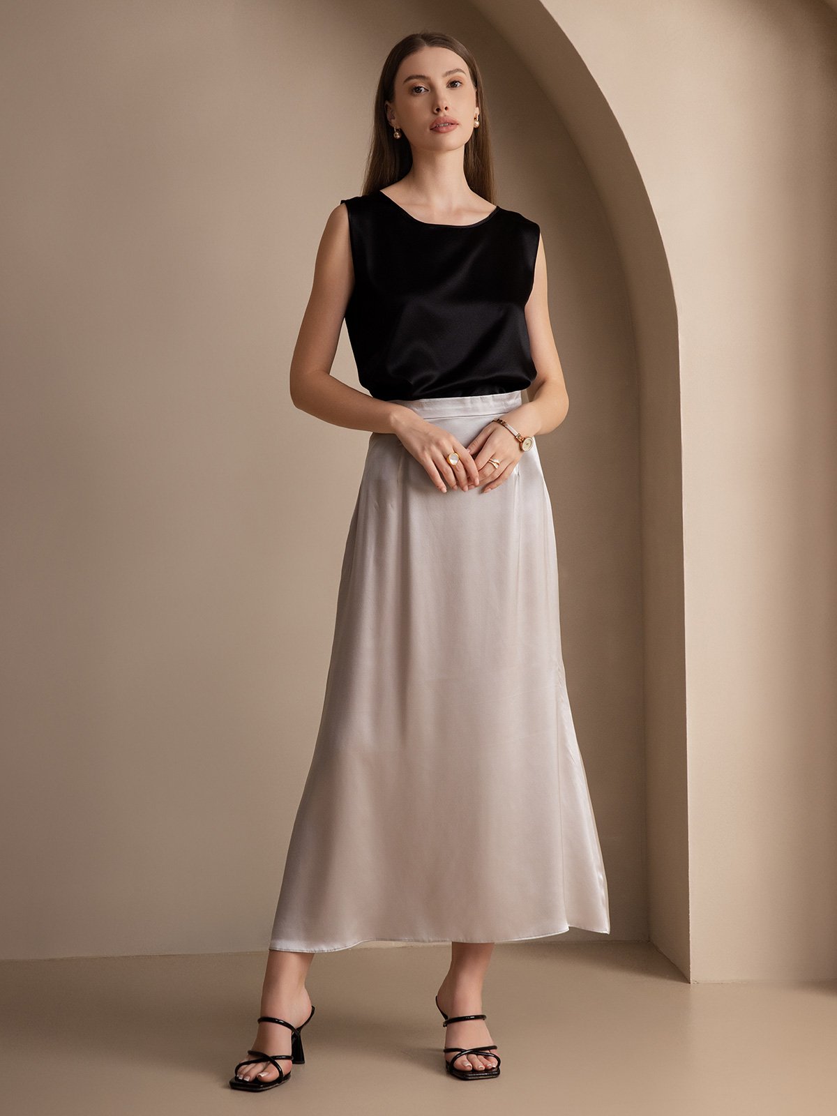 [Schwarz] SilkSilky-DE 19Momme Ärmellos Rundhalsausschnitt Cami Top 003