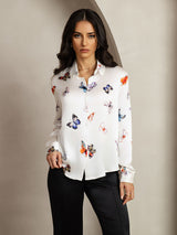 [Weiß Schmetterling] SilkSilky-DE Long Sleeve Lapel Collar Damenhemd 001