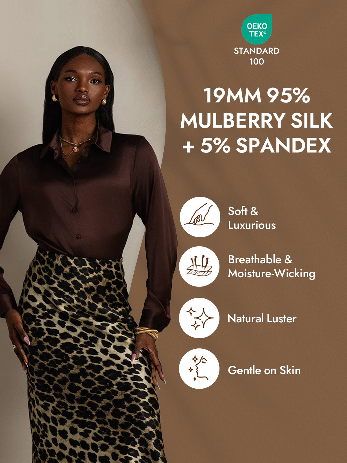 [Dunkle Schokolade] SilkSilky-DE Seide Langärmelig Umlegekragen Damenhemd 004