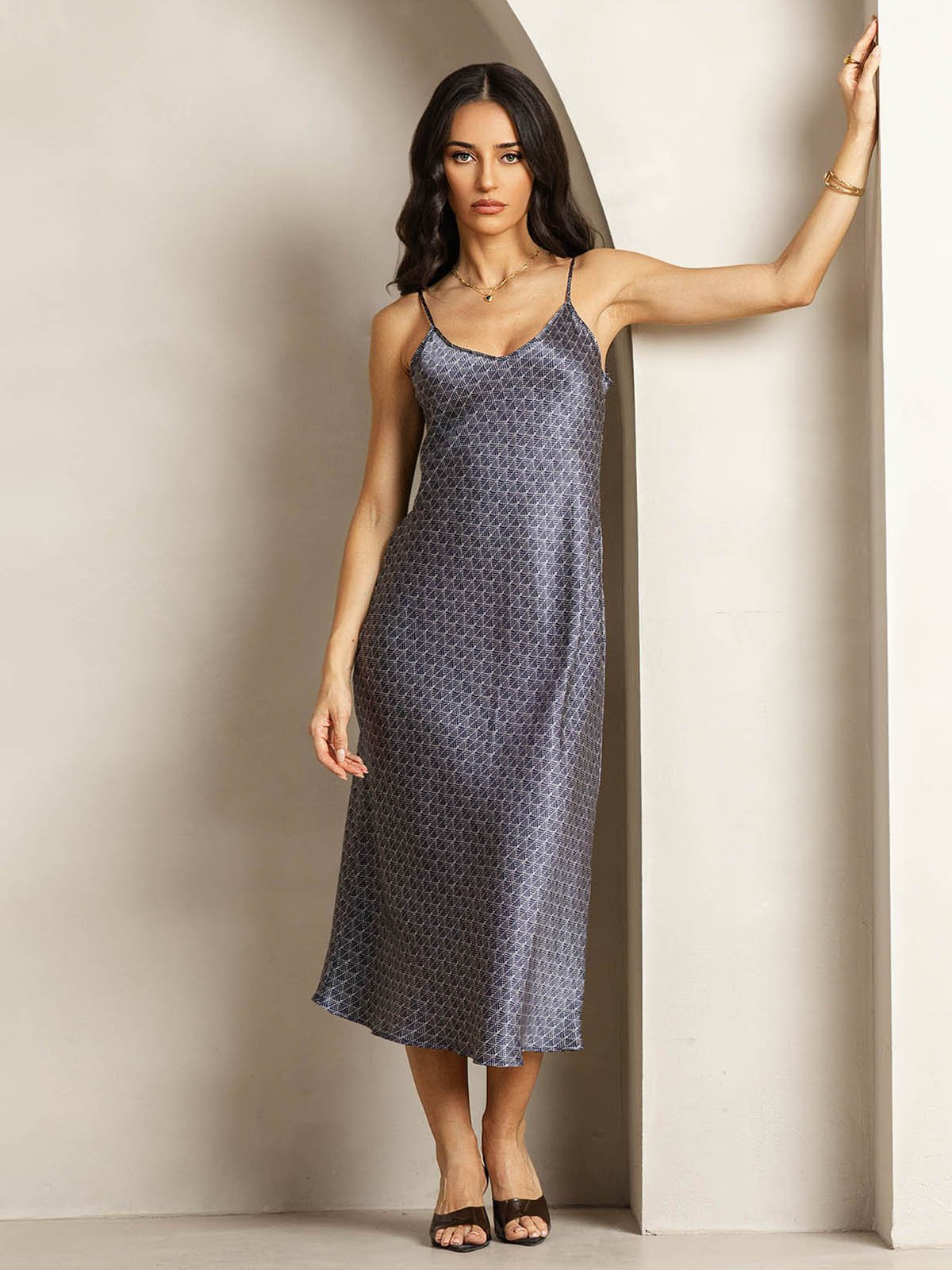 [Marine Ginkgo] SilkSilky-DE 19Momme Seide V Ausschnitt Kleider 001