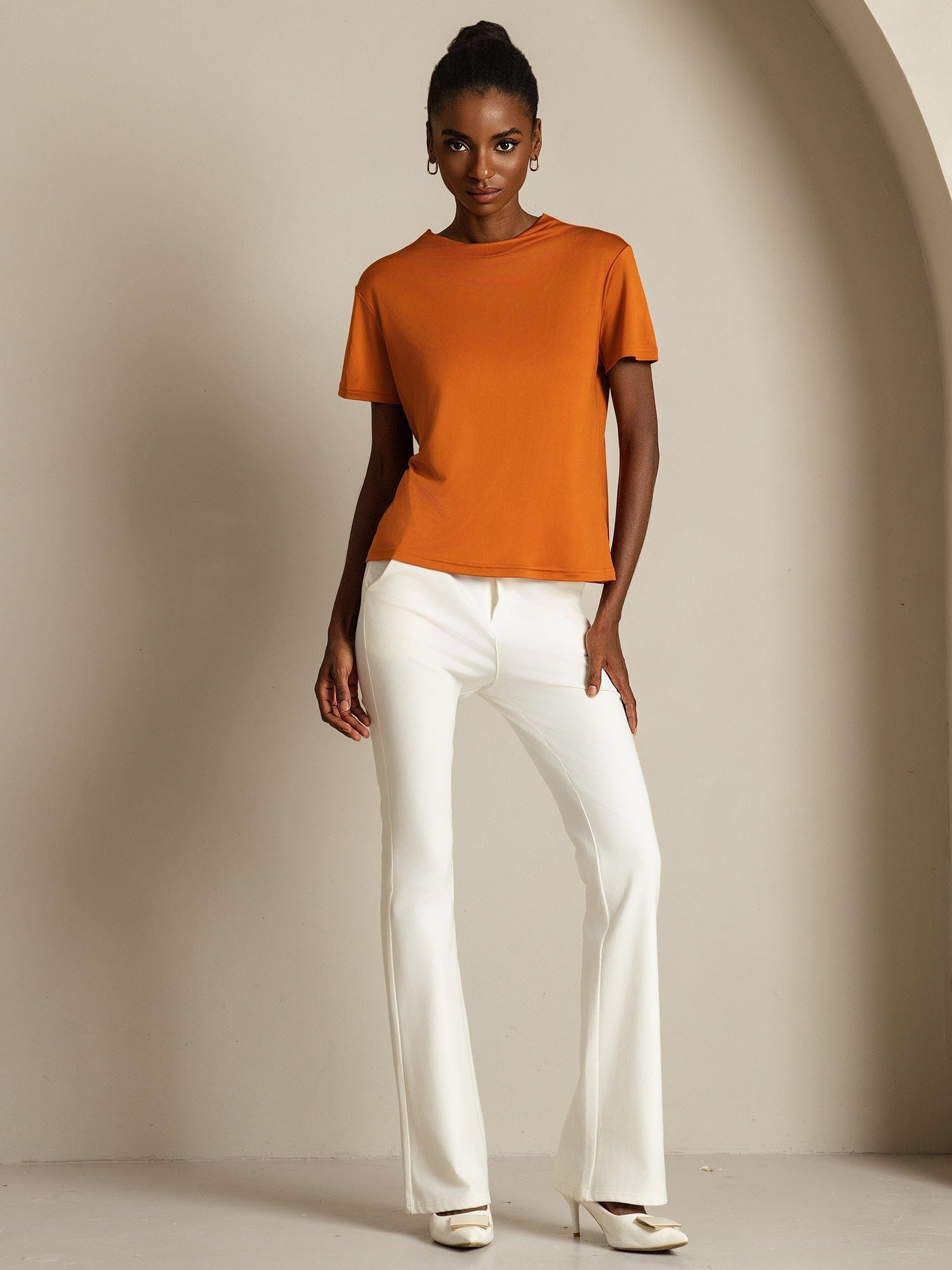 [Orange] SilkSilky-DE Reine Seide Umlegekragen T-Shirt 007