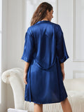 SilkSilky DE Reine Seide 3/4 lange Ärmel Nightgown&Robe Set Dunkelblau 002