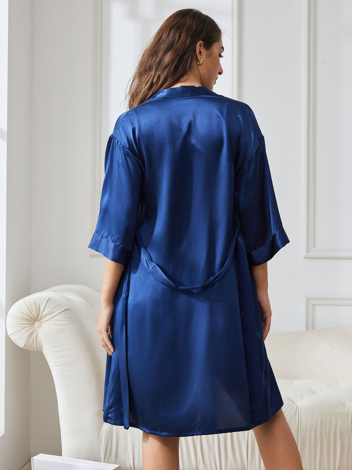 [Dunkelblau] SilkSilky-DE Reine Seide Nightgown&Robe Set 002