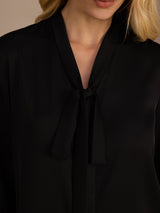 [Schwarz] SilkSilky-DE Long Sleeve Tie Neck Damenblusen 004