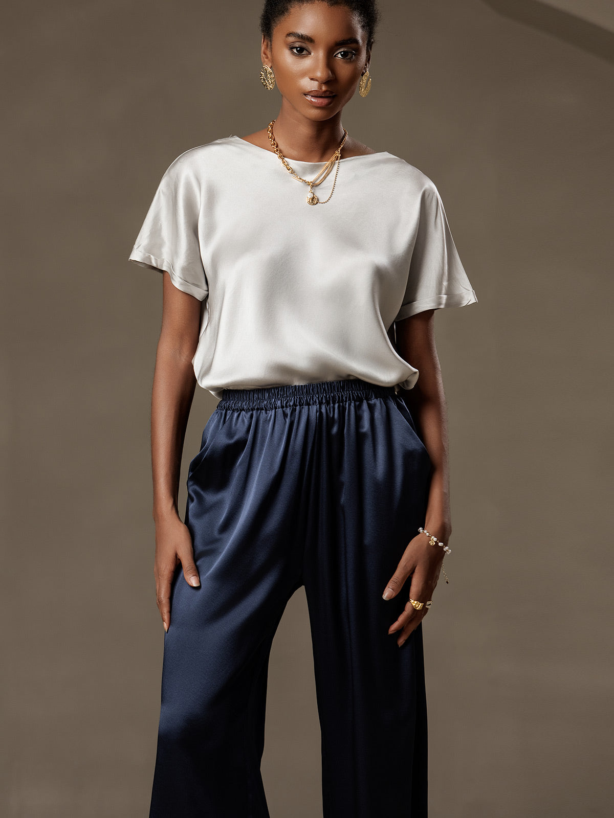 [Dunkelblau] SilkSilky-DE 19Momme Seide Womens Pants 003