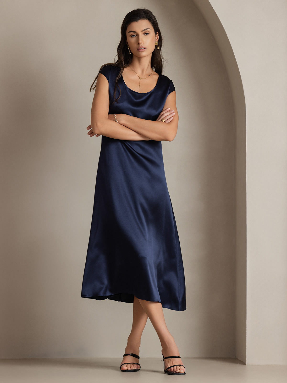 [Dunkelblau] SilkSilky-DE 19Momme Seide Dress 002