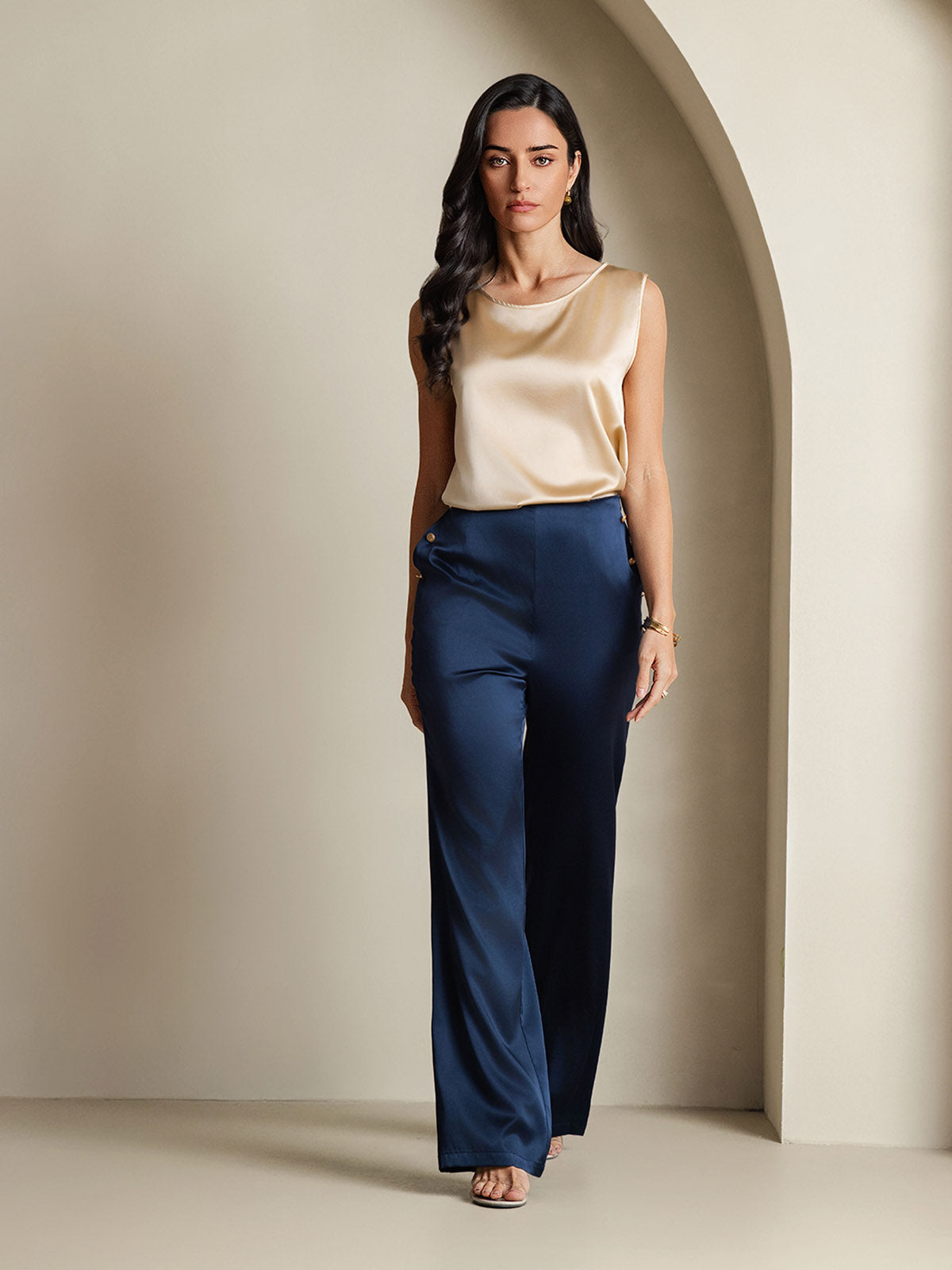 [Champagner] SilkSilky-DE 19Momme Ärmellos Rundhalsausschnitt Cami Top 006