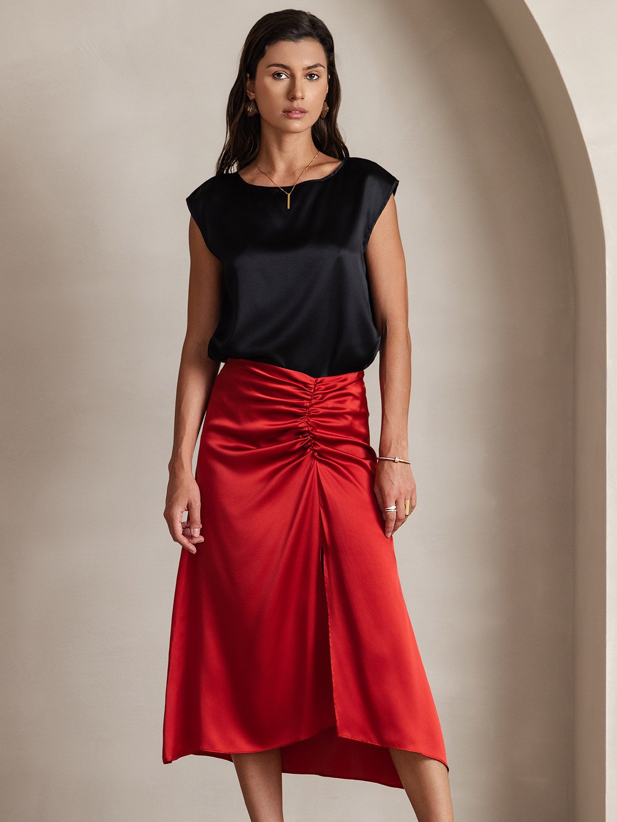 [Schwarz] SilkSilky-DE 19Momme Seide Womens T-Shirt 003