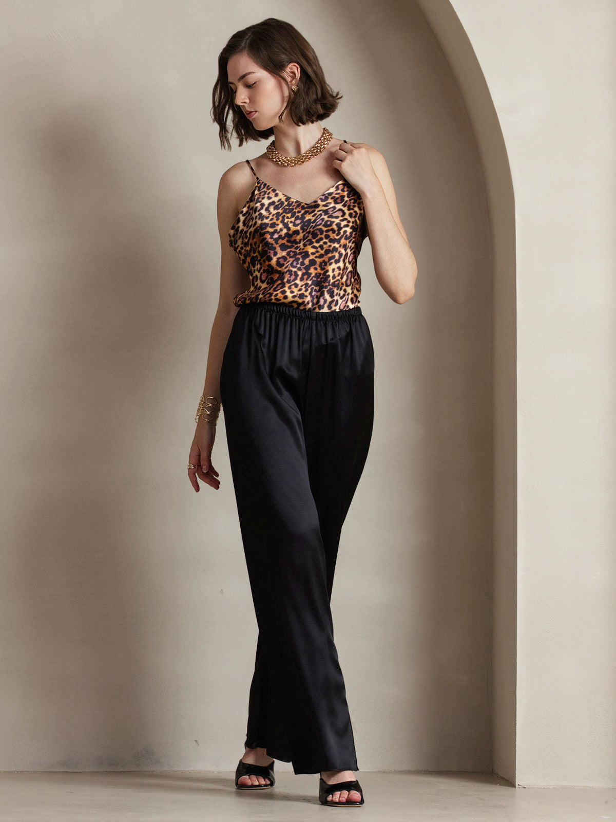 [Leopard] SilkSilky-DE Reine Seide V Ausschnitt Cami Top 006,