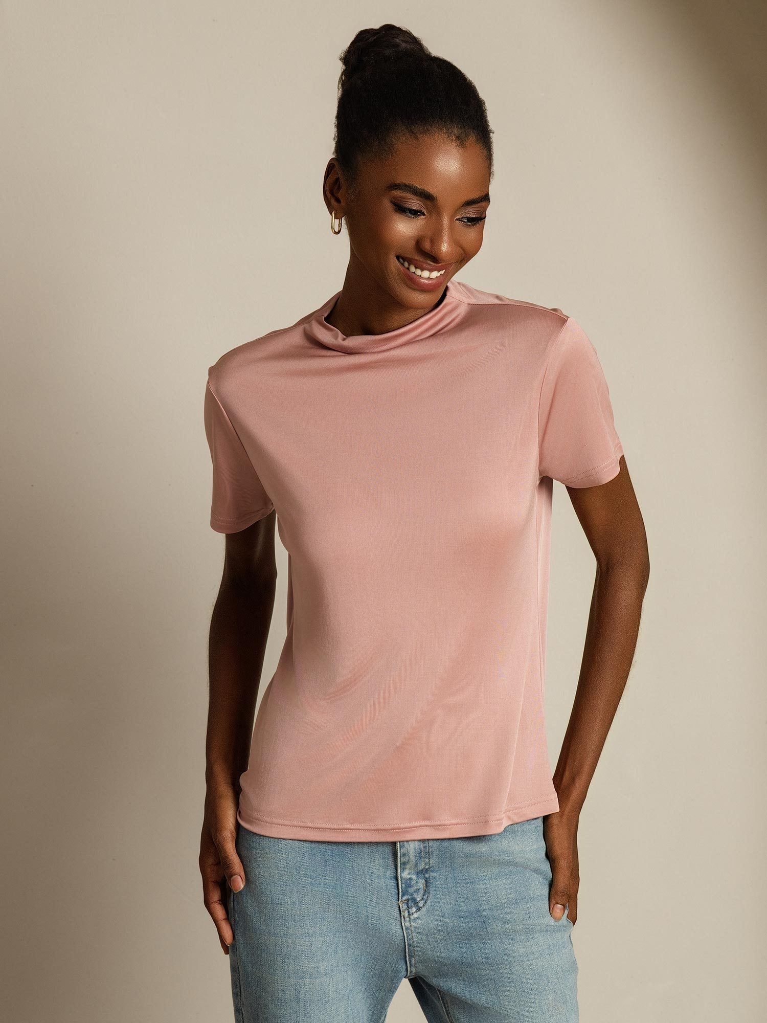 [Rosa] SilkSilky-DE Reine Seide Umlegekragen T-Shirt 003