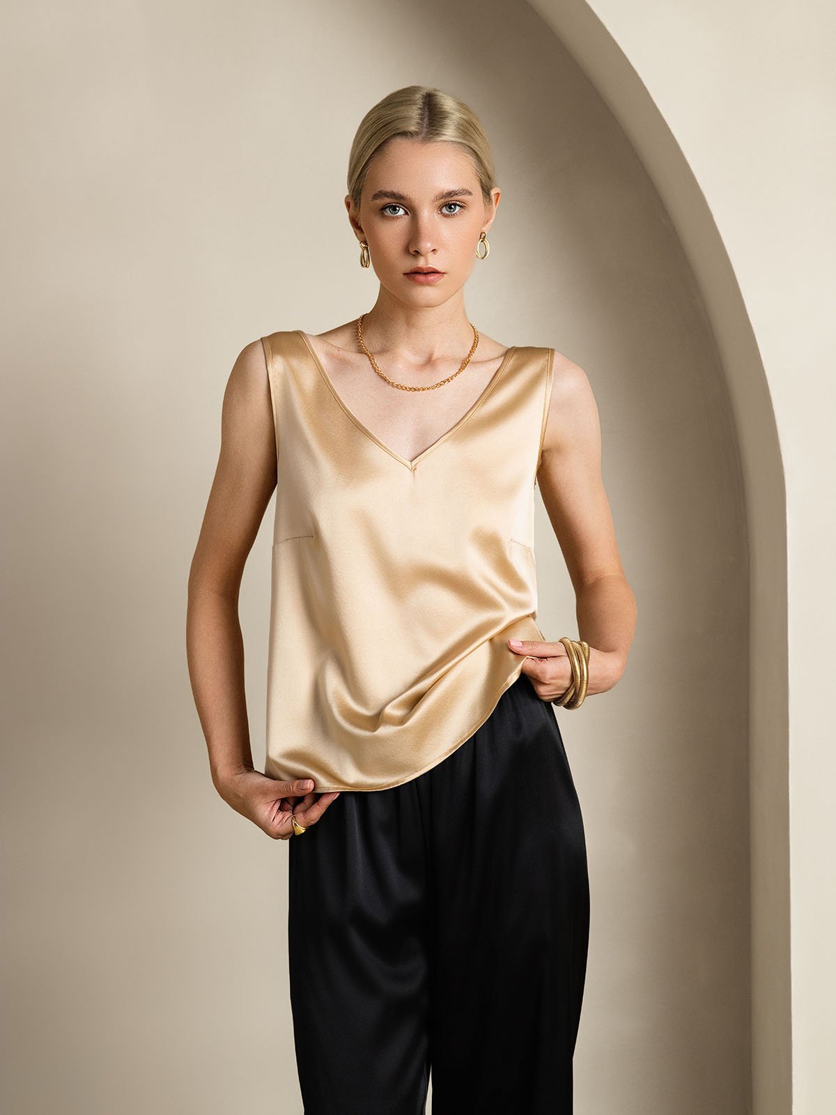 [Champagner] SilkSilky-DE 19Momme Seide V Ausschnitt Cami Top 004