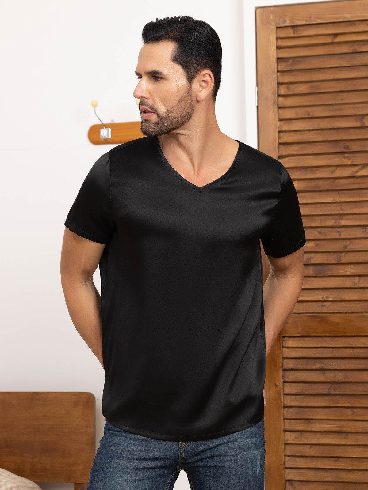 [Schwarz] SilkSilky-DE Reine Seide Kurzärmelig V Ausschnitt Herren T-Shirt 005