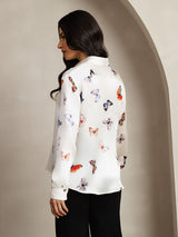 [Weiß Schmetterling] SilkSilky-DE Long Sleeve Lapel Collar Damenhemd 002