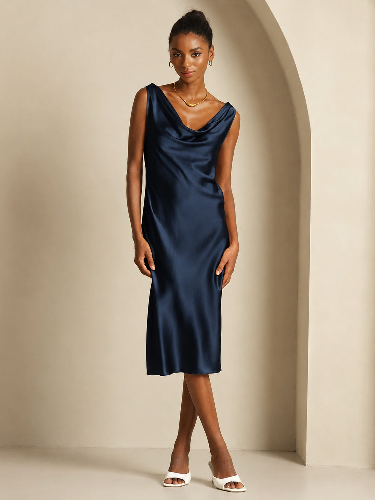 [Dunkelblau] SilkSilky-DE Sleeveless Cowl Neck Kleider 001