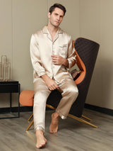 [Tan] SilkSilky-DE Reine Seide Langärmelig Revers Herren Pyjamas 001