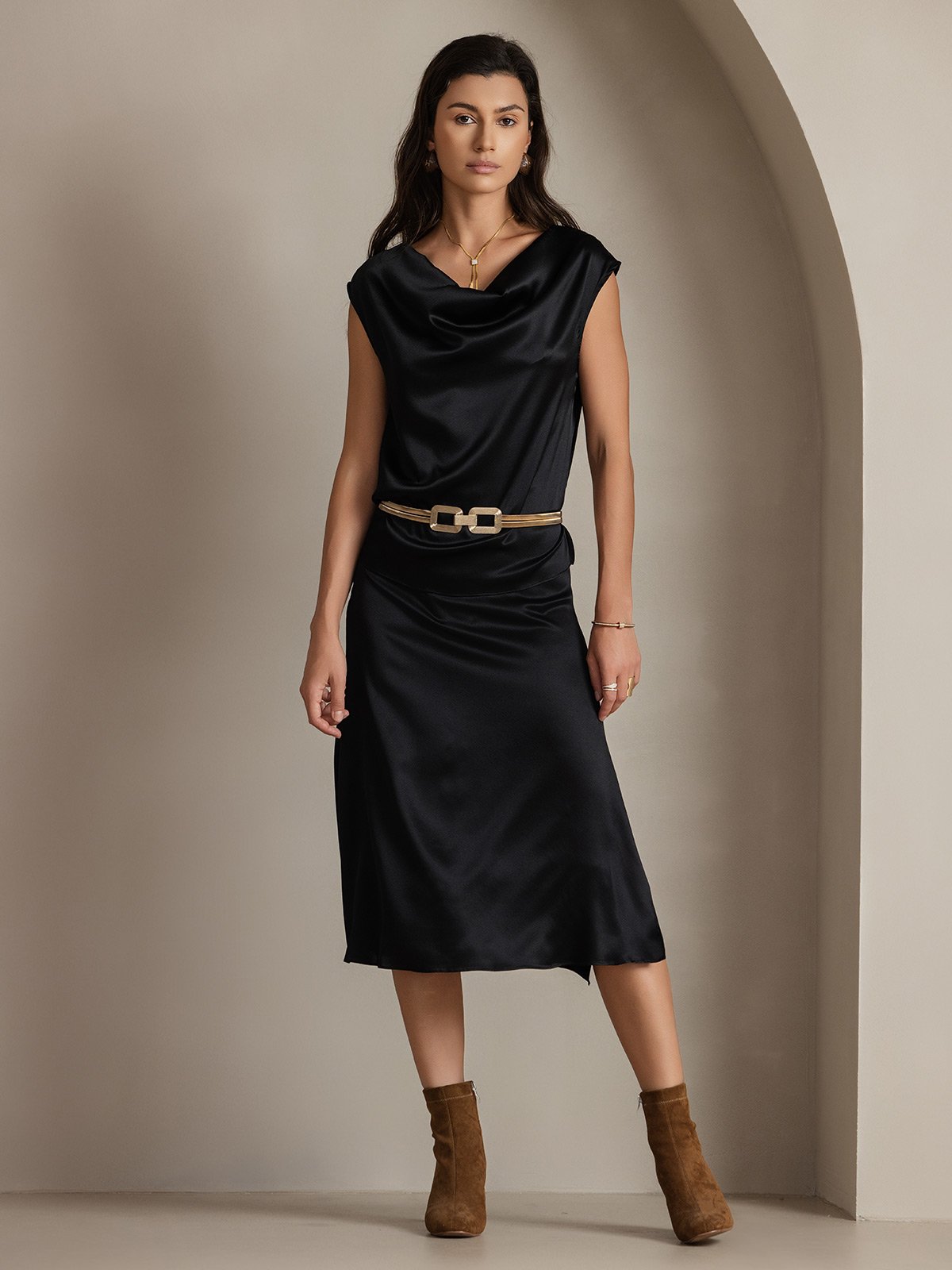 [Schwarz] SilkSilky-DE 19Momme Seide Ärmellos Wasserfallausschnitt T-Shirt 001