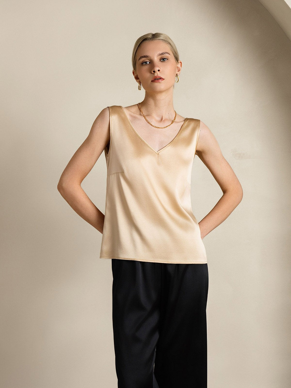 [Champagner] SilkSilky-DE 19Momme Seide V Ausschnitt Cami Top 005