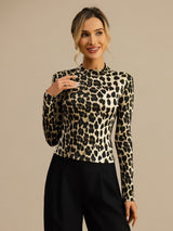 [Leopard] SilkSilky-DE Langärmelig Mock-Ausschnitt T-Shirt 003