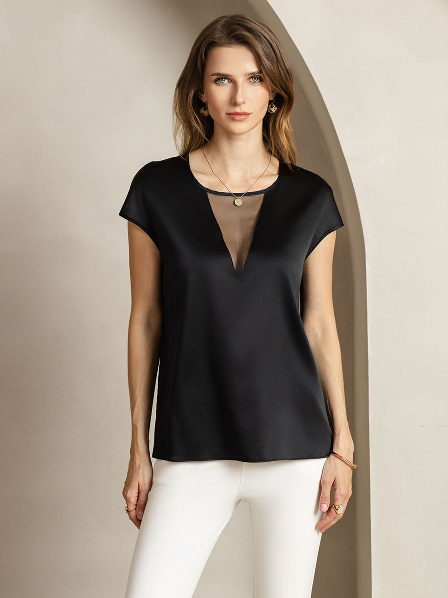 [Schwarz] SilkSilky-DE 19Momme Seide Neckholder T-Shirt 001