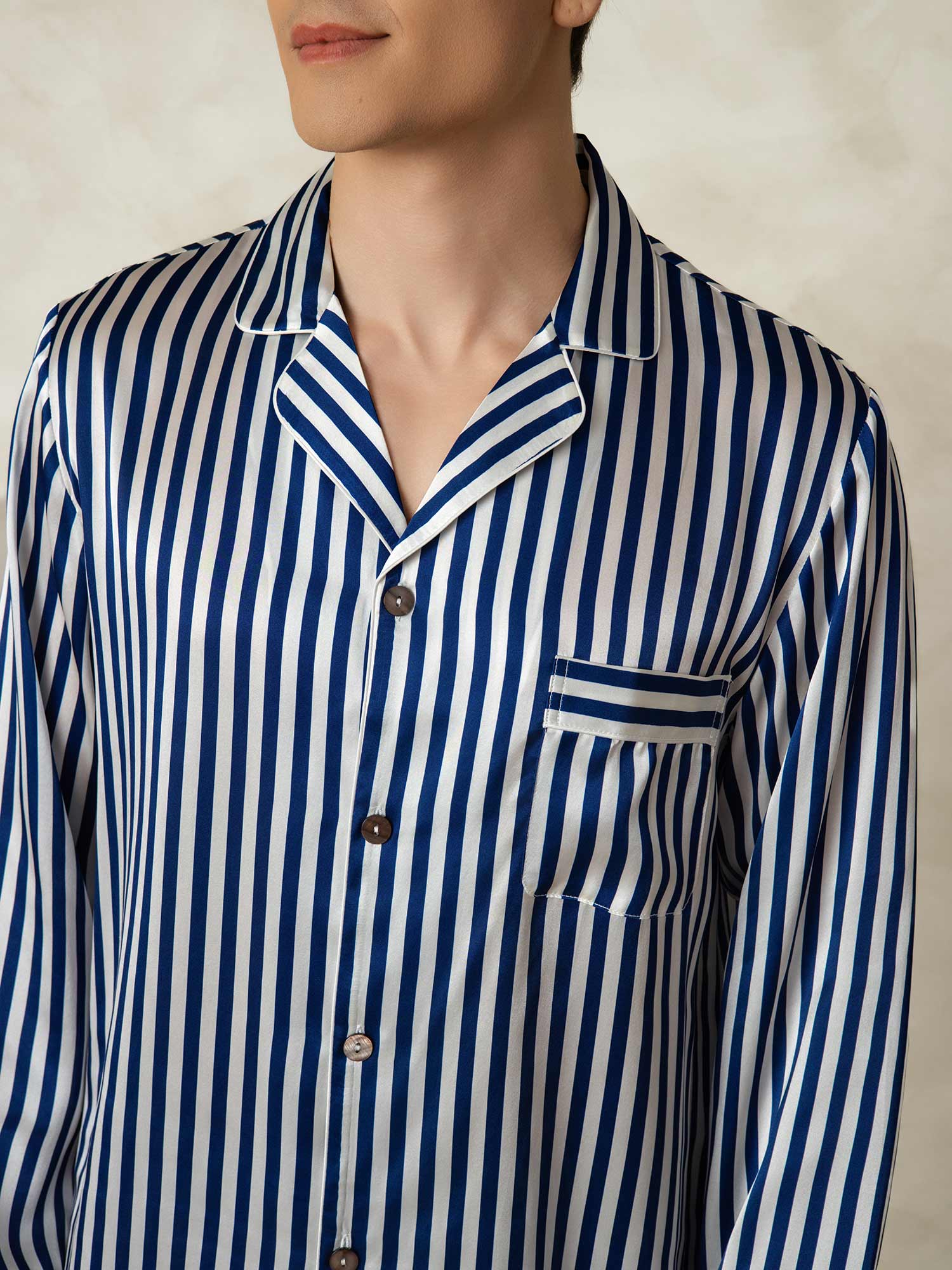 [Marine Streifen] SilkSilky-DE 19Momme Reine Seide Mens Pajamas 006