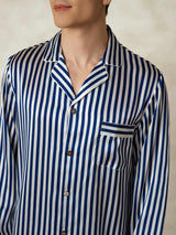 [Marine Streifen] SilkSilky-DE 19Momme Reine Seide Mens Pajamas 006,