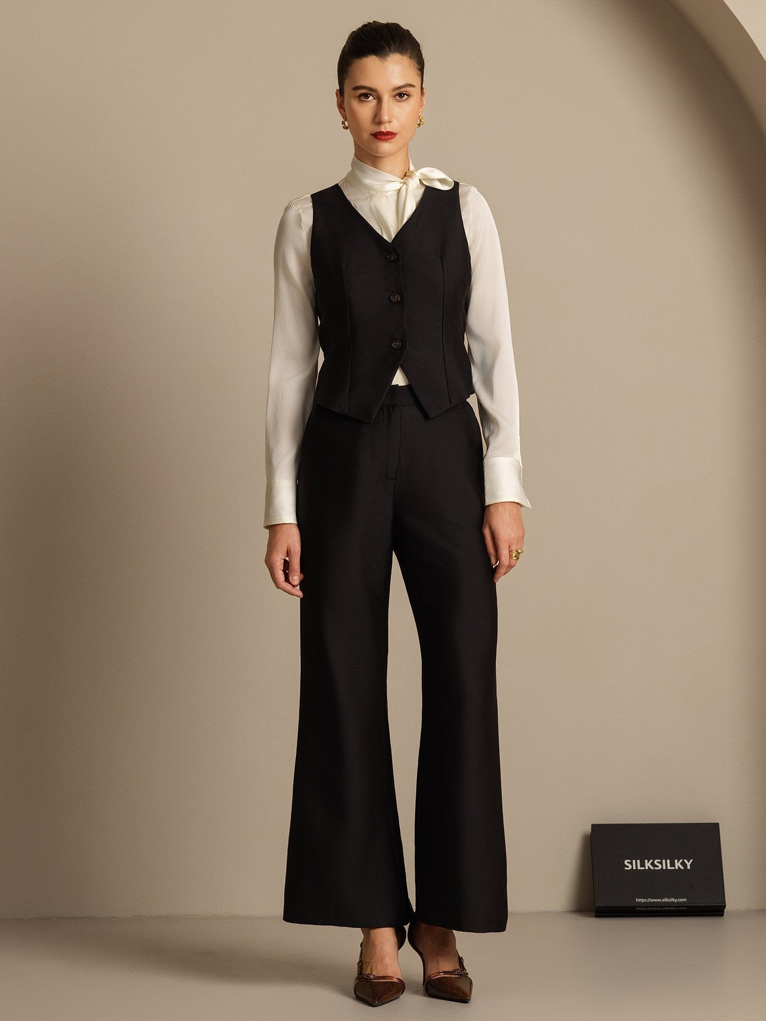 [Grau] SilkSilky-DE 32Momme Silk-Wool Blend V Ausschnitt Damenweste 002,