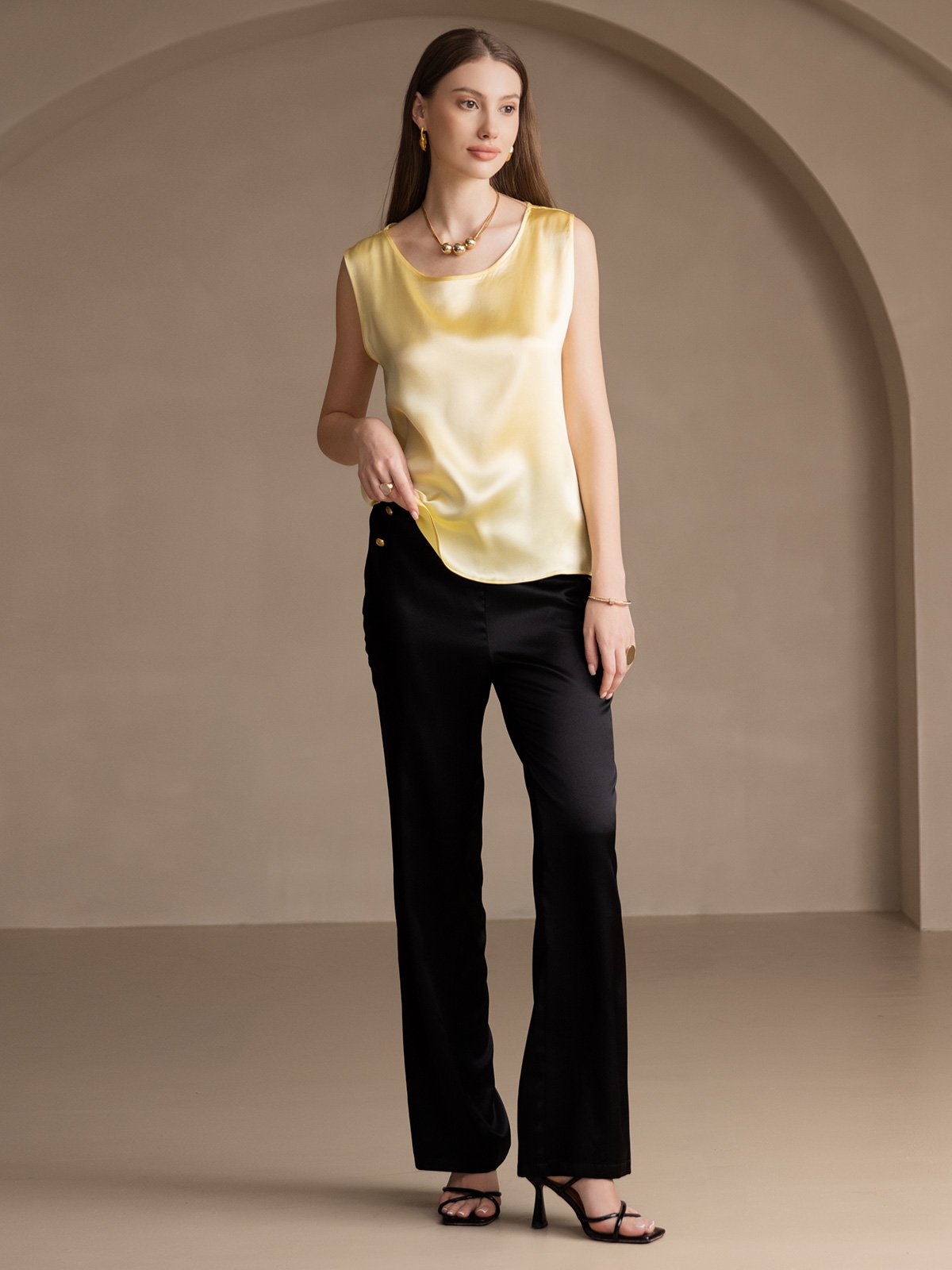 [Hellgelb] SilkSilky-DE 19Momme Ärmellos Rundhalsausschnitt Cami Top 006