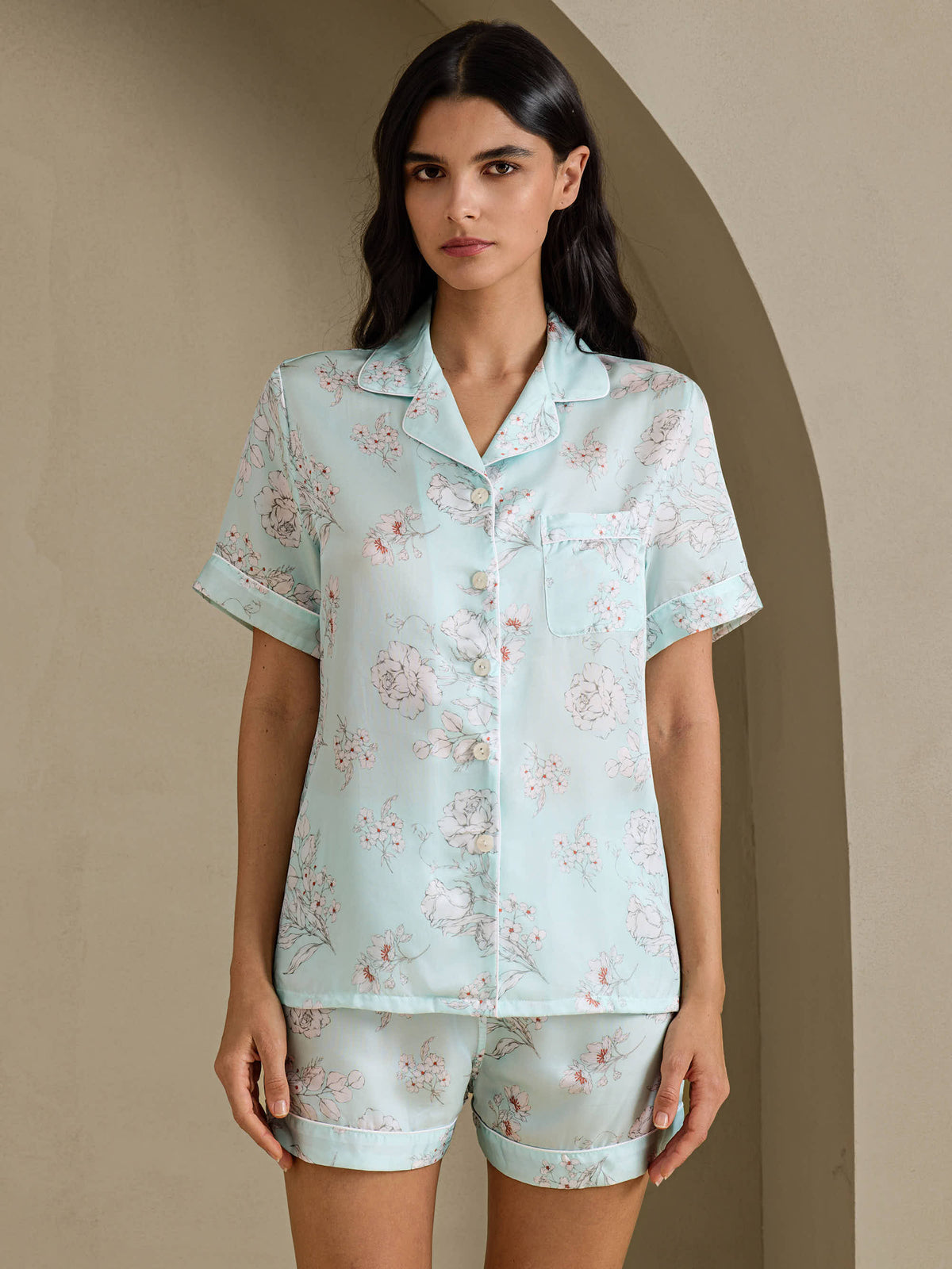 [Himmelblau Blumen] SilkSilky-DE Short Sleeve Notch Collar Damen Pyjamas 001