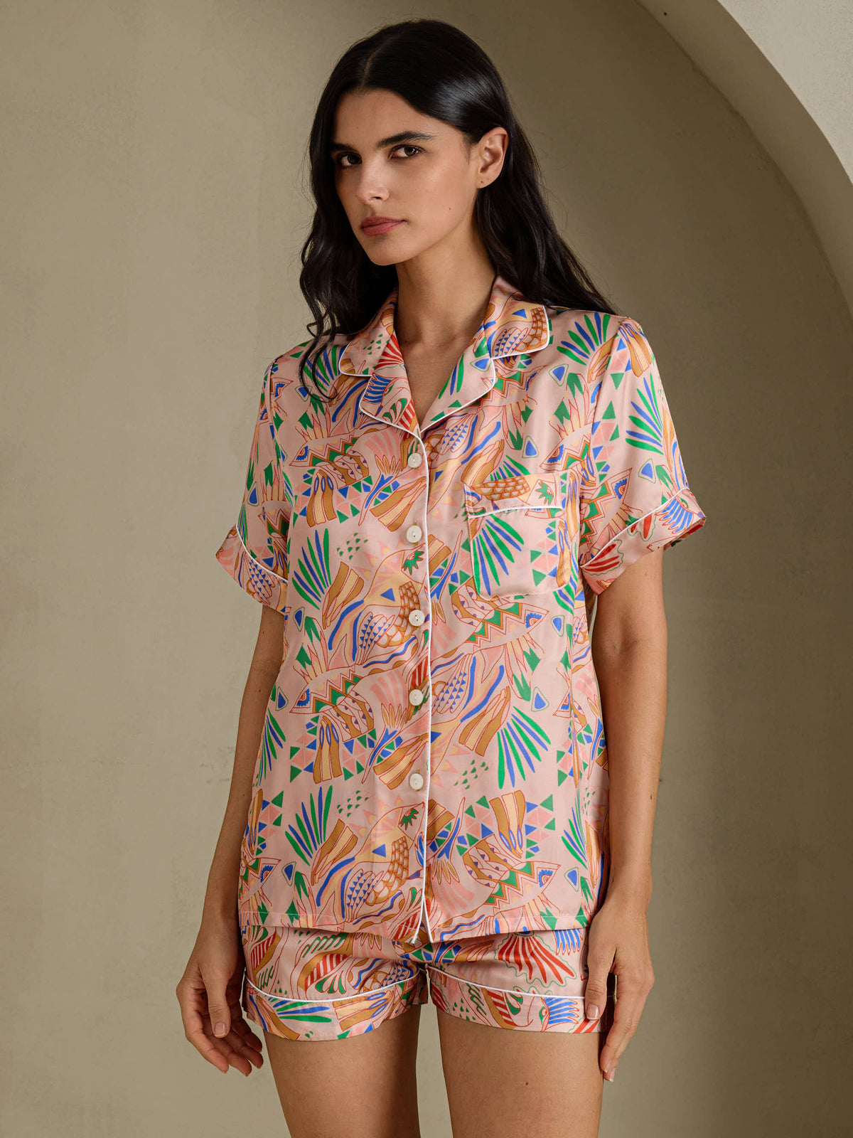 [Rosa Fauna] SilkSilky-DE Short Sleeve Notch Collar Damen Pyjamas 001