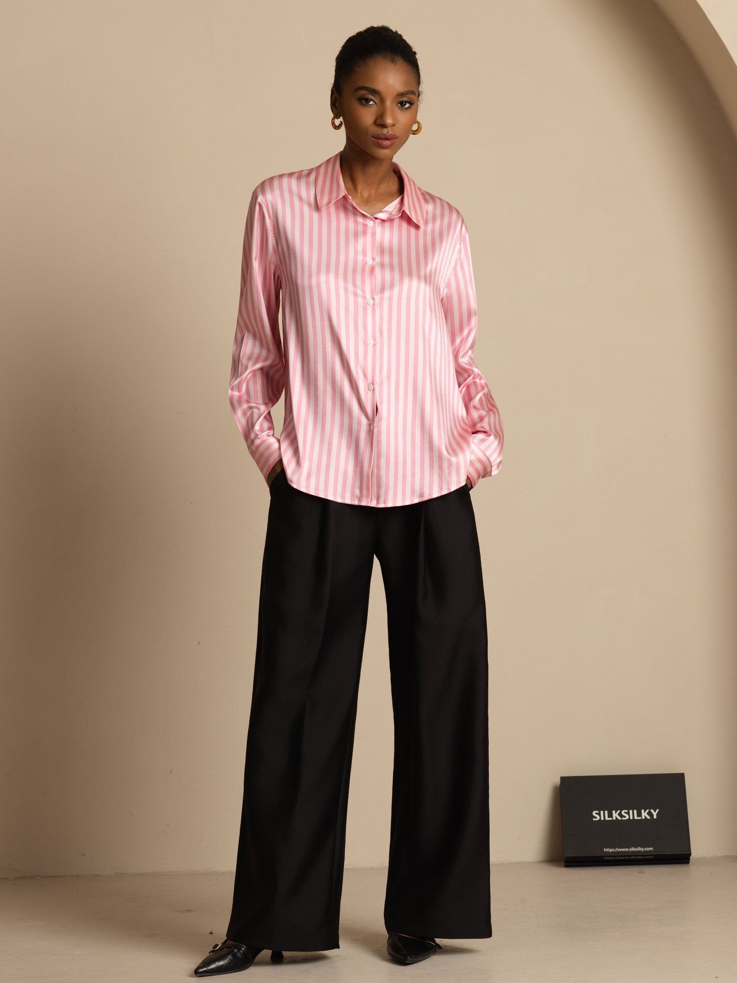 [Rosa Streifen] SilkSilky-DE Seide Langärmelig Umlegekragen Damenhemd 006