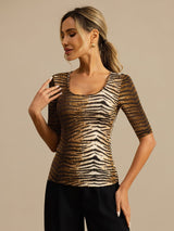 [Tiger] SilkSilky-DE Halblange Ärmel Tiefer Rundhalsausschnitt T-Shirt 003