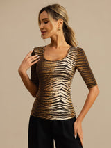 [Tiger] SilkSilky-DE Halblange Ärmel Tiefer Rundhalsausschnitt T-Shirt 003