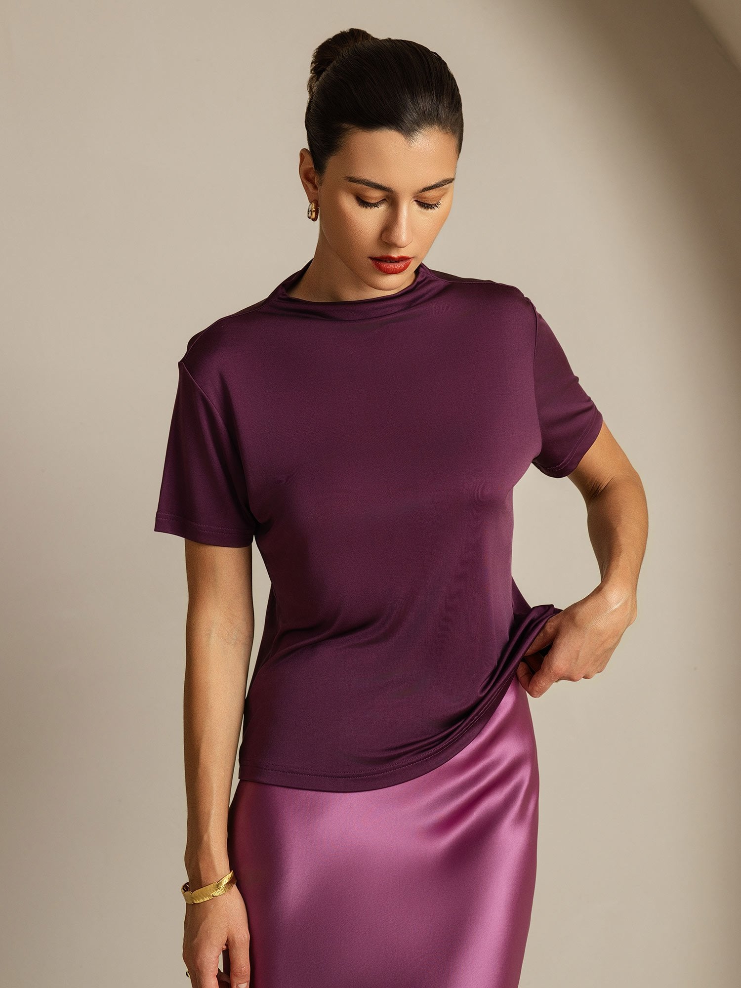 [Violett] SilkSilky-DE Reine Seide Umlegekragen T-Shirt 006